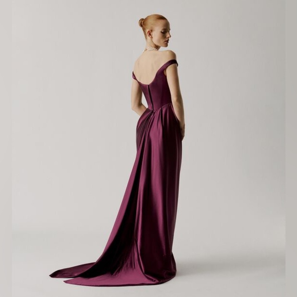 Vivienne Westwood Off-Shoulder Plum Satin Evening Gown - Picture 2 of 14
